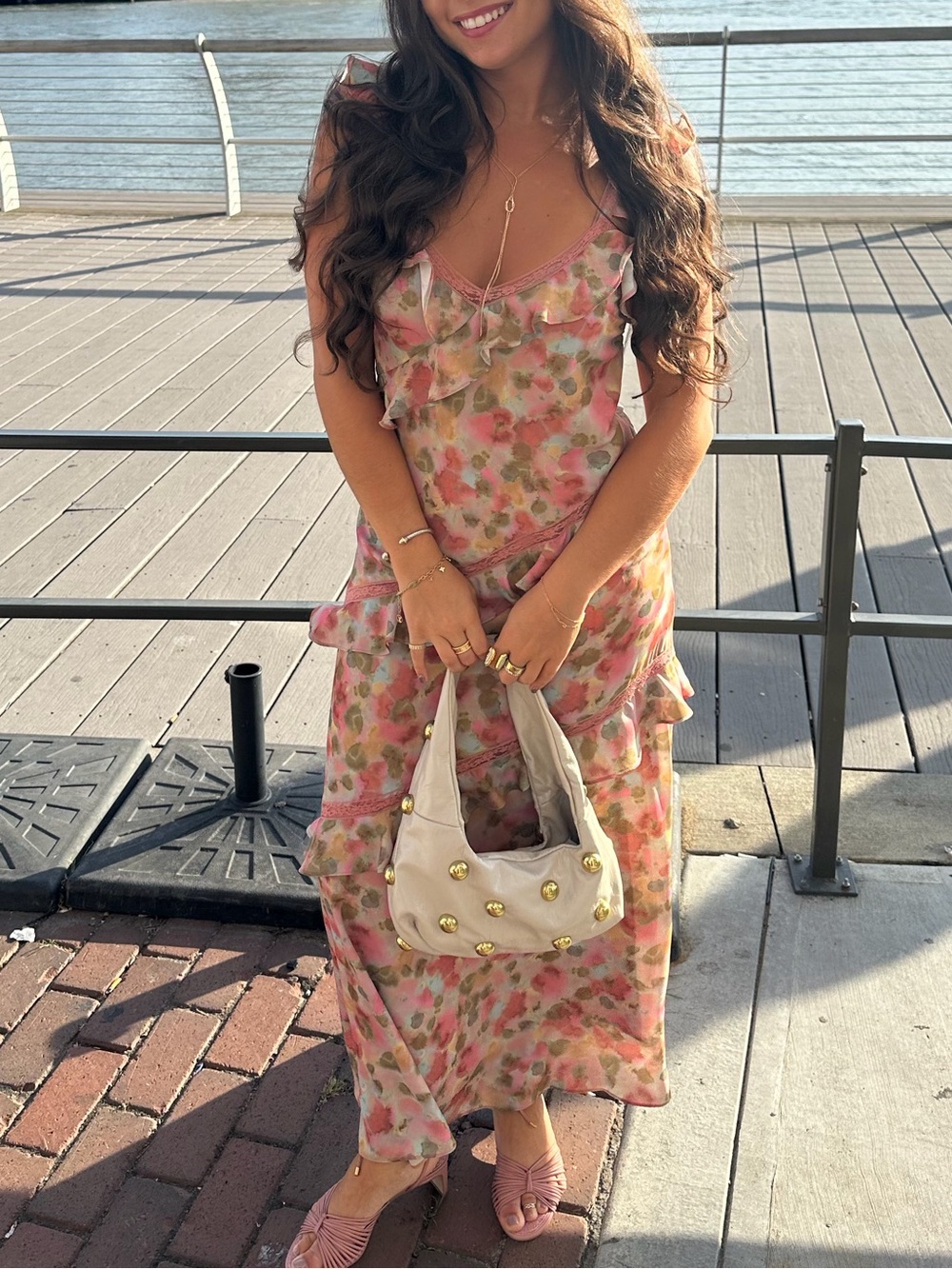 Floral Ruffle Slip Dress in Pink and Green